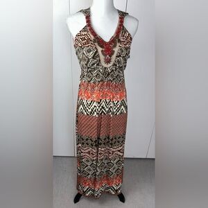 Sangria Maxi Dress Beaded Halter Side Slits Safari Aztec Cream Brown Orange Sz 6